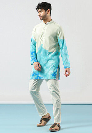 Digital Printed Cotton Kurta Set in Light Green and Blue