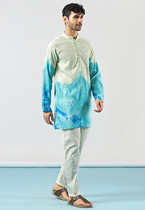 Digital Printed Cotton Kurta Set in Light Green and Blue