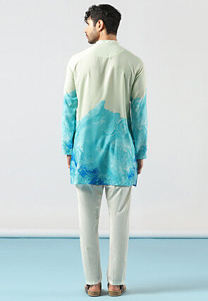 Digital Printed Cotton Kurta Set in Light Green and Blue
