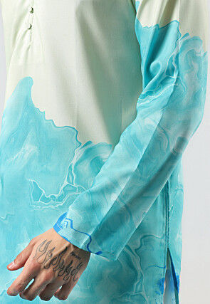 Digital Printed Cotton Kurta Set in Light Green and Blue