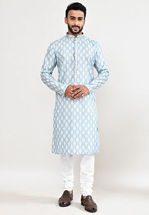 Digital Printed Cotton Kurta Set in Light Grey