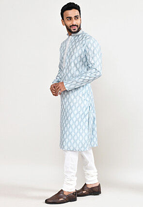 Digital Printed Cotton Kurta Set in Light Grey