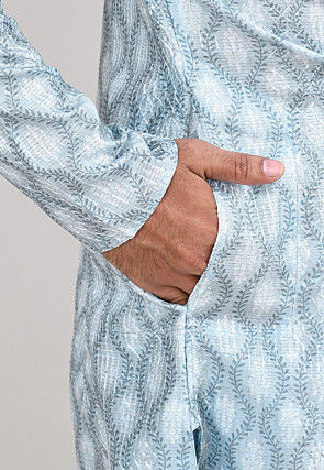 Digital Printed Cotton Kurta Set in Light Grey