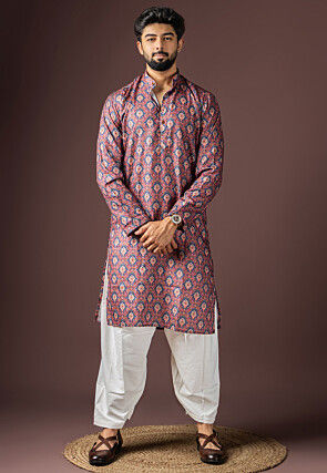 Digital Printed Cotton Kurta Set in Maroon and Blue