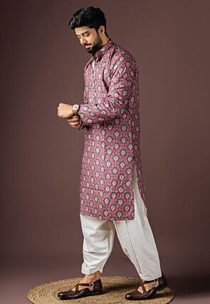 Digital Printed Cotton Kurta Set in Maroon and Blue