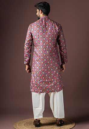 Digital Printed Cotton Kurta Set in Maroon and Blue