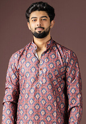 Digital Printed Cotton Kurta Set in Maroon and Blue