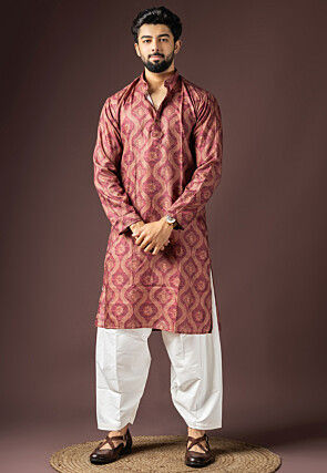Digital Printed Cotton Kurta Set in Maroon