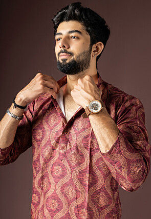 Digital Printed Cotton Kurta Set in Maroon