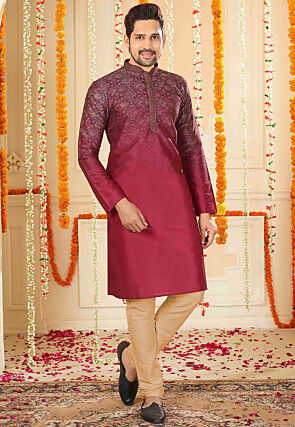 Digital Printed Cotton Kurta Set in Maroon