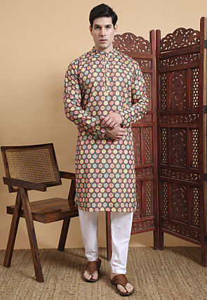 Digital Printed Cotton Kurta Set in Multicolor