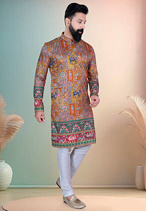 Digital Printed Cotton Kurta Set in Mustard