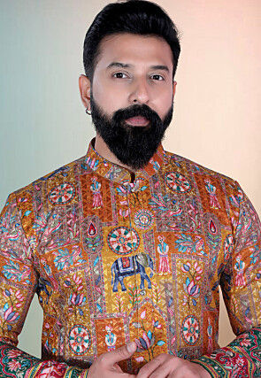 Digital Printed Cotton Kurta Set in Mustard