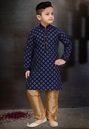 Digital Printed Cotton Kurta Set in Navy Blue