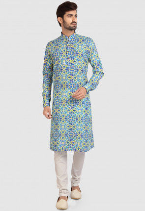 Digital Printed Cotton Kurta Set in Off White and Blue