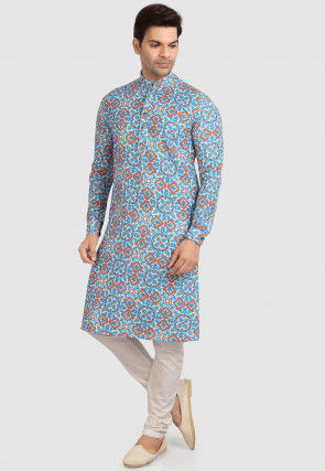 Digital Printed Cotton Kurta Set in Off White and Blue