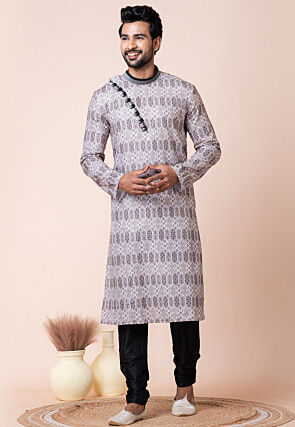 Digital Printed Cotton Kurta Set in Off White and Grey