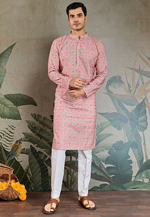Digital Printed Cotton Kurta Set in Off White and Pink