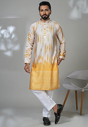 Digital Printed Cotton Kurta Set in Off White and Yellow