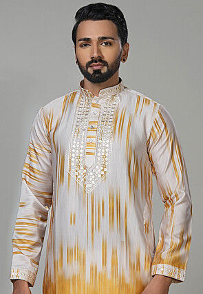 Digital Printed Cotton Kurta Set in Off White and Yellow