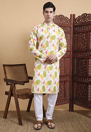 Digital Printed Cotton Kurta Set in Off White