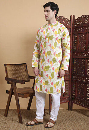 Digital Printed Cotton Kurta Set in Off White
