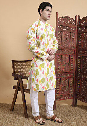 Digital Printed Cotton Kurta Set in Off White