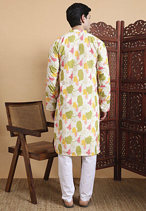 Digital Printed Cotton Kurta Set in Off White