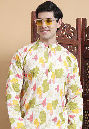Digital Printed Cotton Kurta Set in Off White
