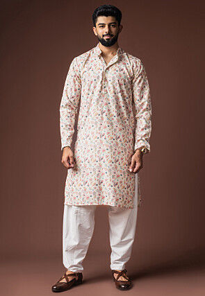 Digital Printed Cotton Kurta Set in Off White