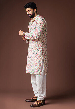 Digital Printed Cotton Kurta Set in Off White