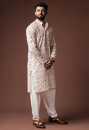 Digital Printed Cotton Kurta Set in Off White
