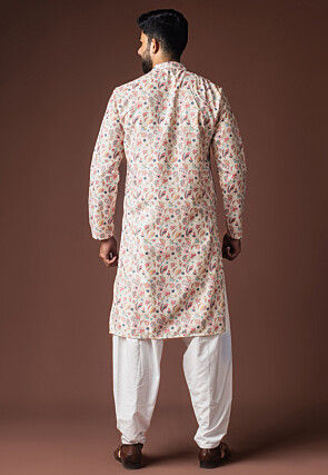 Digital Printed Cotton Kurta Set in Off White