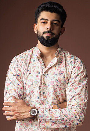 Digital Printed Cotton Kurta Set in Off White