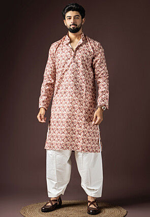 Digital Printed Cotton Kurta Set in Off White