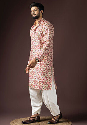 Digital Printed Cotton Kurta Set in Off White
