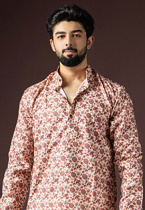 Digital Printed Cotton Kurta Set in Off White