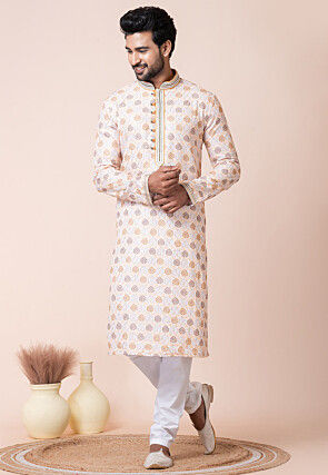 Digital Printed Cotton Kurta Set in Off White