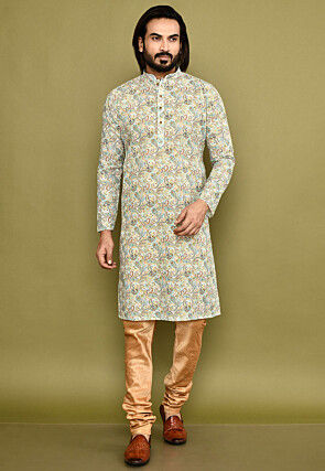 Digital Printed Cotton Kurta Set in Off White