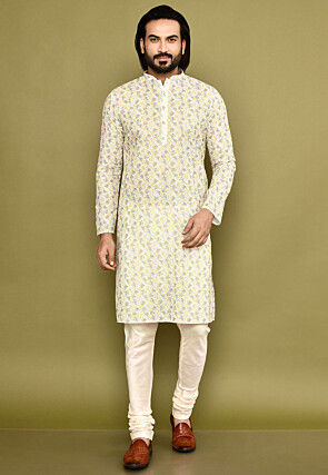 Digital Printed Cotton Kurta Set in Off White