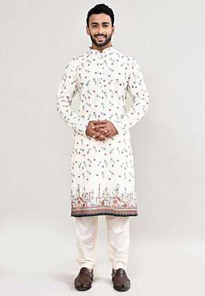 Digital Printed Cotton Kurta Set in Off White