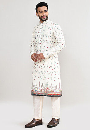 Digital Printed Cotton Kurta Set in Off White
