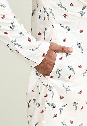 Digital Printed Cotton Kurta Set in Off White