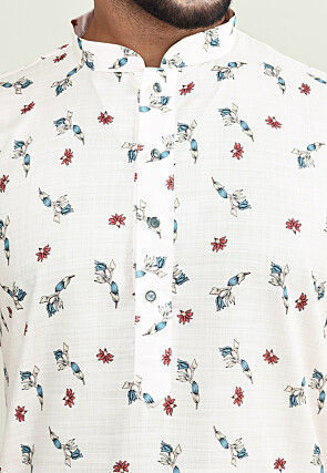 Digital Printed Cotton Kurta Set in Off White