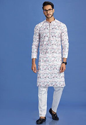 Digital Printed Cotton Kurta Set in Off White