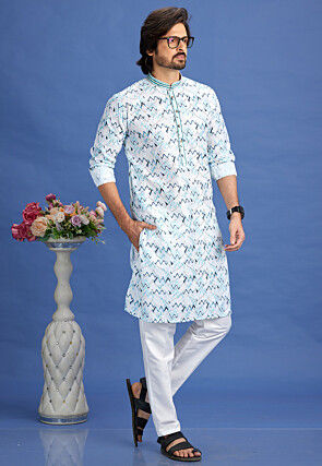 Digital Printed Cotton Kurta Set in Off White