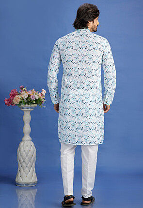 Digital Printed Cotton Kurta Set in Off White