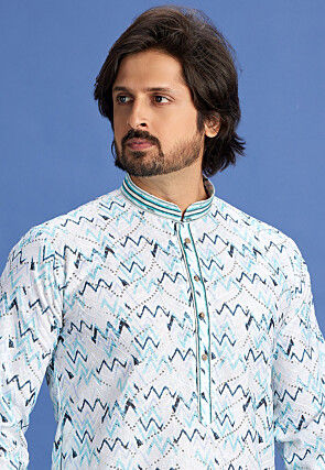 Digital Printed Cotton Kurta Set in Off White