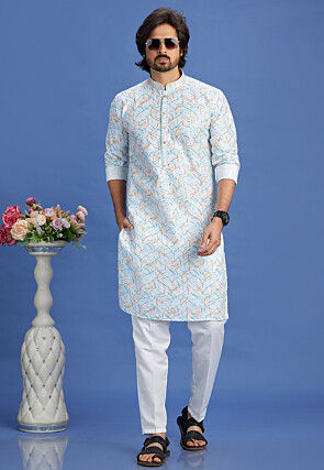 Digital Printed Cotton Kurta Set in Off White