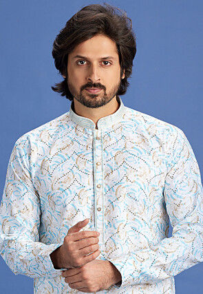 Digital Printed Cotton Kurta Set in Off White